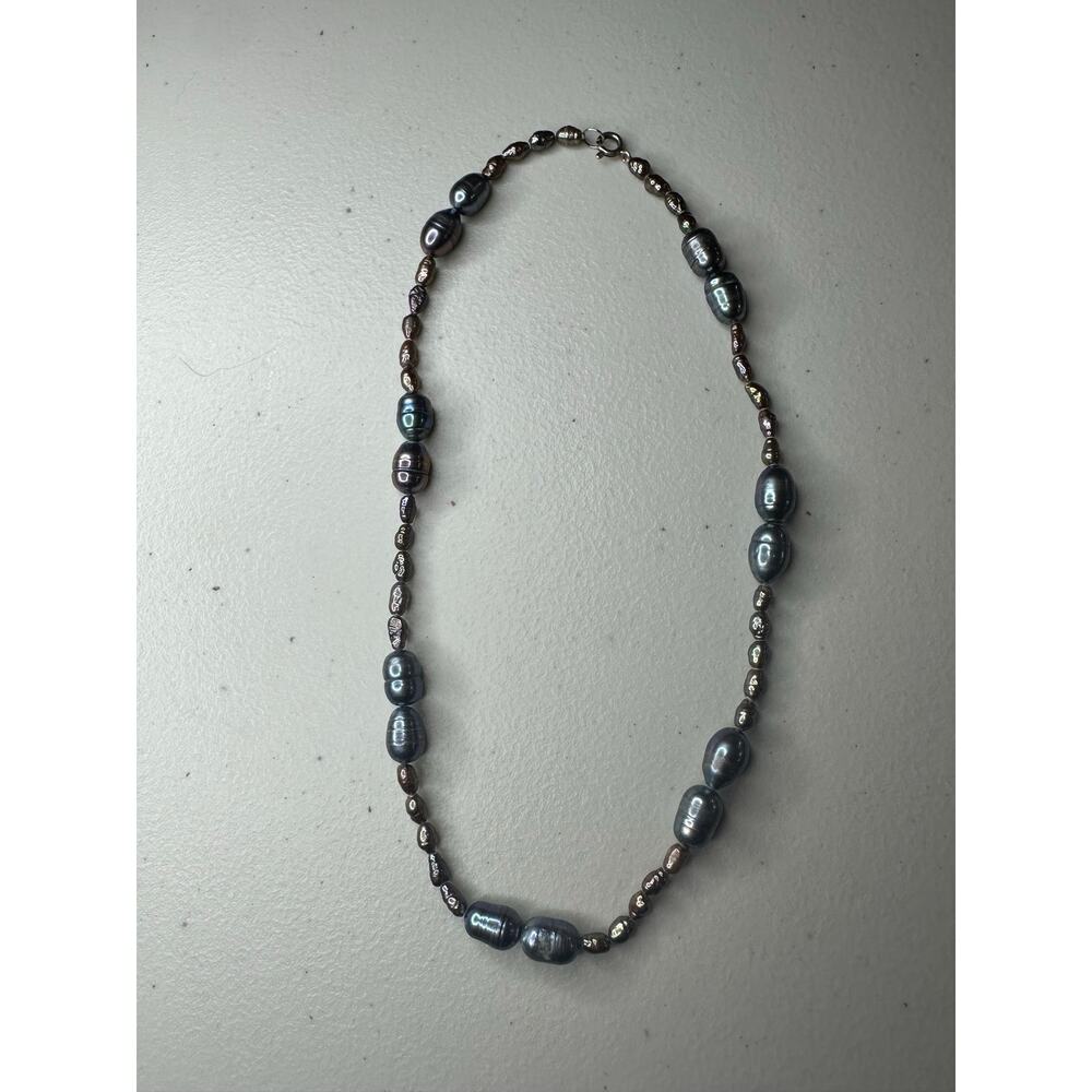 Vintage 18" Black Baroque Pearl Necklace Sterling Silver Clasp Iridescent Grey
